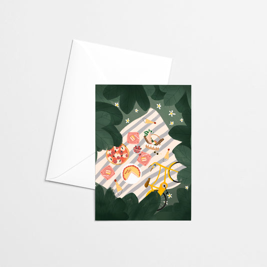 pique-nique ,carte de souhaits fait au Québec, gâteau, pizza, Montréal, été, printemps,